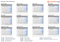 Kalender 2022 mit Ferien und Feiertagen Äthiopien