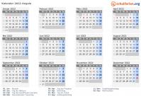 Kalender 2022 mit Ferien und Feiertagen Angola