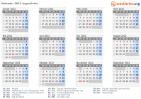 Kalender 2022 mit Ferien und Feiertagen Argentinien