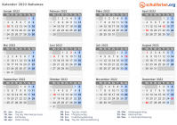 Kalender 2022 mit Ferien und Feiertagen Bahamas