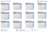 Kalender 2022 mit Ferien und Feiertagen Bahrain