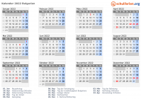 Kalender 2022 mit Ferien und Feiertagen Bulgarien