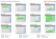 Kalender 2022 mit Ferien und Feiertagen Baden-Württemberg