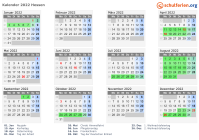 Kalender 2022 mit Ferien und Feiertagen Hessen