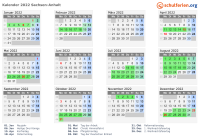 Kalender 2022 mit Ferien und Feiertagen Sachsen-Anhalt