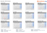 Kalender 2022 mit Ferien und Feiertagen Guinea