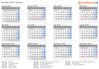 Kalender 2022 mit Ferien und Feiertagen Guyana