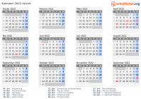 Kalender 2022 mit Ferien und Feiertagen Island