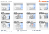 Kalender 2022 mit Ferien und Feiertagen Mongolei