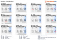 Kalender 2022 mit Ferien und Feiertagen Namibia