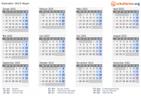 Kalender 2022 mit Ferien und Feiertagen Niger