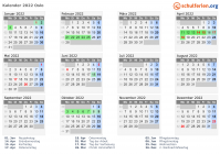 Kalender 2022 mit Ferien und Feiertagen Oslo