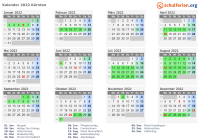 Kalender 2022 mit Ferien und Feiertagen Kärnten