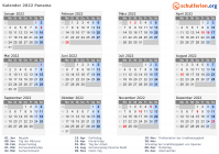 Kalender 2022 mit Ferien und Feiertagen Panama