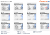 Kalender 2022 mit Ferien und Feiertagen Paraguay
