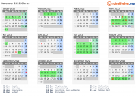Kalender 2022 mit Ferien und Feiertagen Glarus