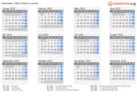 Kalender 2022 mit Ferien und Feiertagen Sierra Leone