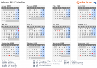 Kalender 2022 mit Ferien und Feiertagen Tschechien