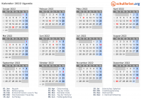 Kalender 2022 mit Ferien und Feiertagen Uganda