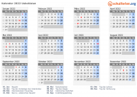 Kalender 2022 mit Ferien und Feiertagen Usbekistan