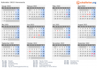 Kalender 2022 mit Ferien und Feiertagen Venezuela