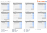 Kalender 2022 mit Ferien und Feiertagen Zypern