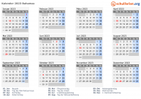 Kalender 2023 mit Ferien und Feiertagen Bahamas