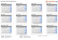 Kalender 2023 mit Ferien und Feiertagen Bangladesch