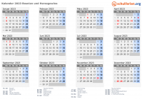 Kalender 2023 mit Ferien und Feiertagen Bosnien und Herzegowina