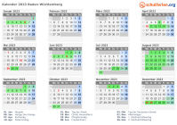 Kalender 2023 mit Ferien und Feiertagen Baden-Württemberg