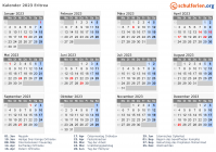 Kalender 2023 mit Ferien und Feiertagen Eritrea