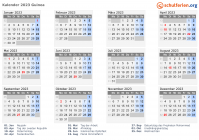Kalender 2023 mit Ferien und Feiertagen Guinea