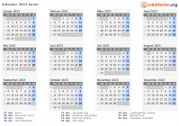 Kalender 2023 mit Ferien und Feiertagen Israel