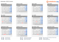 Kalender 2023 mit Ferien und Feiertagen Jemen