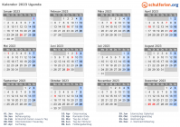 Kalender 2023 mit Ferien und Feiertagen Uganda