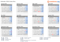 Kalender 2024 mit Ferien und Feiertagen Costa Rica