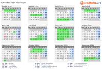 Kalender 2024 mit Ferien und Feiertagen Thüringen