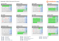 Kalender 2024 mit Ferien und Feiertagen Clermont-Ferrand