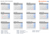 Kalender 2024 mit Ferien und Feiertagen Frankreich