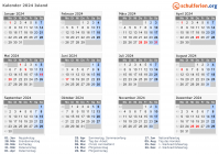 Kalender 2024 mit Ferien und Feiertagen Island