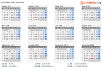Kalender 2024 mit Ferien und Feiertagen Jamaika