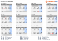 Kalender  mit Ferien und Feiertagen Malawi