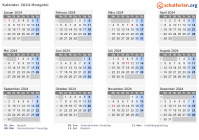 Kalender  mit Ferien und Feiertagen Mongolei