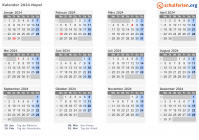 Kalender  mit Ferien und Feiertagen Nepal