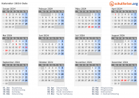 Kalender 2024 mit Ferien und Feiertagen Oslo