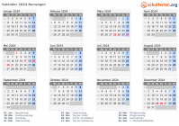 Kalender 2024 mit Ferien und Feiertagen Norwegen