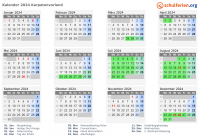 Kalender 2024 mit Ferien und Feiertagen Karpatenvorland