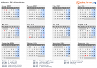 Kalender 2024 mit Ferien und Feiertagen Rumänien