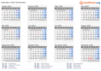 Kalender 2024 mit Ferien und Feiertagen Schweden
