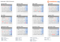 Kalender  mit Ferien und Feiertagen Schweiz